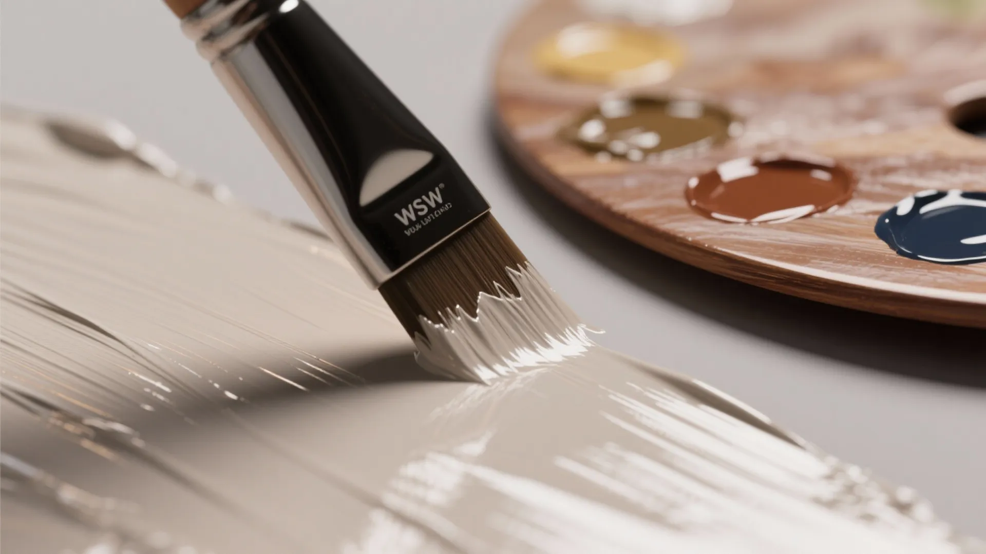 Close up of a paint brush applying beige paint on a surface with color palette