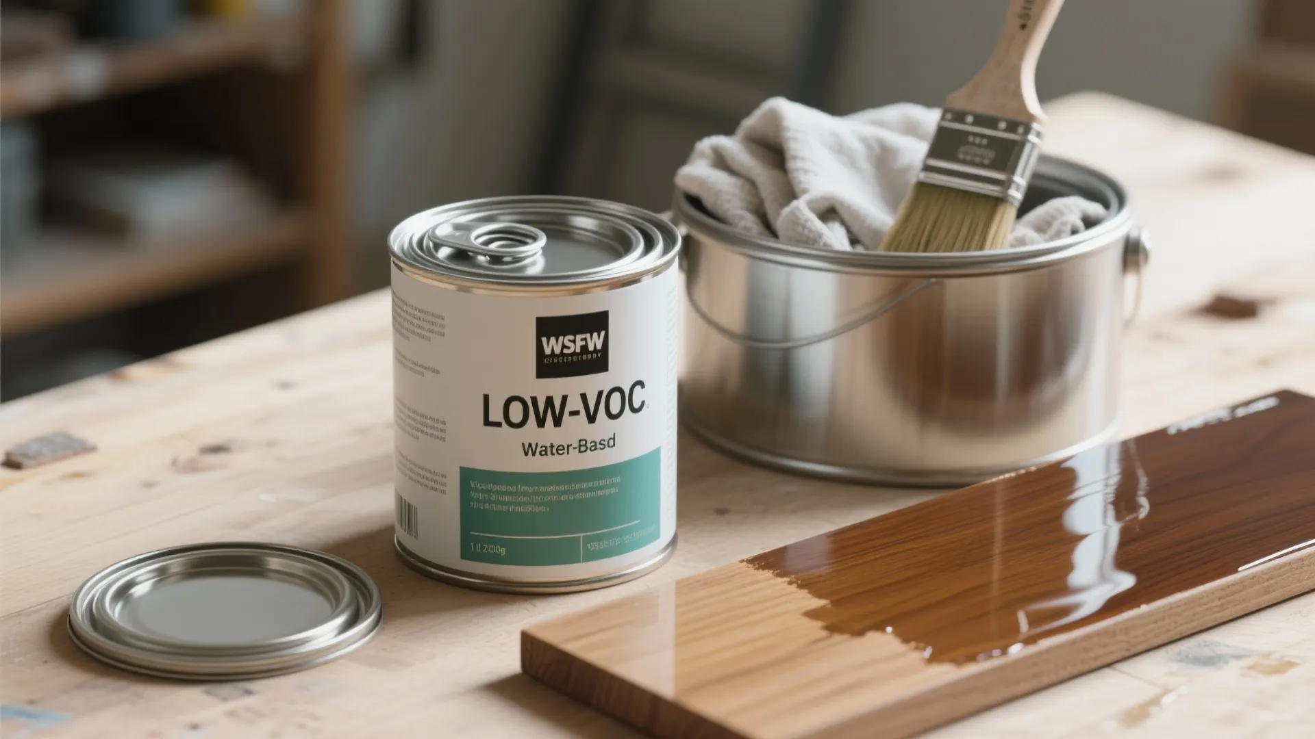 Low VOC water based paint can with a brush and shiny wood finish on a table