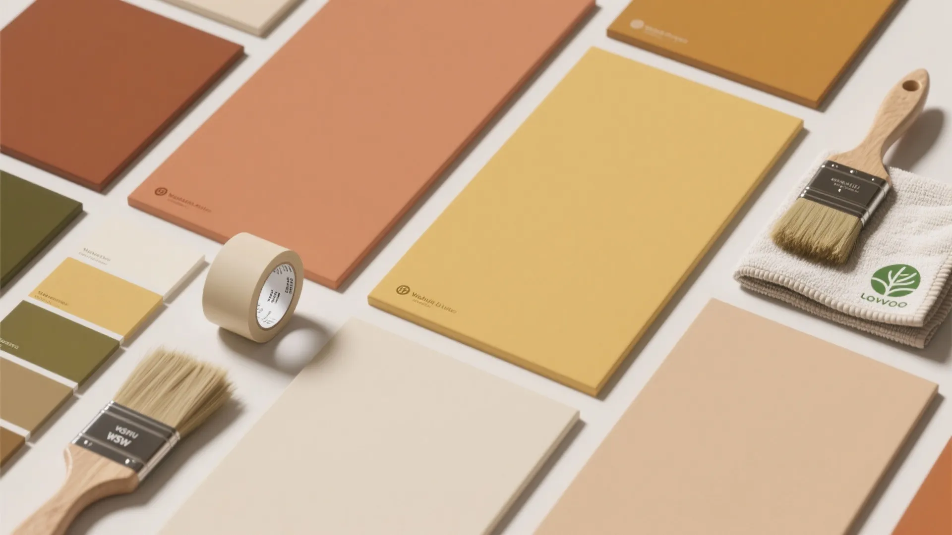 Paint color samples in warm tones arranged with brushes masking tape and a small white towel