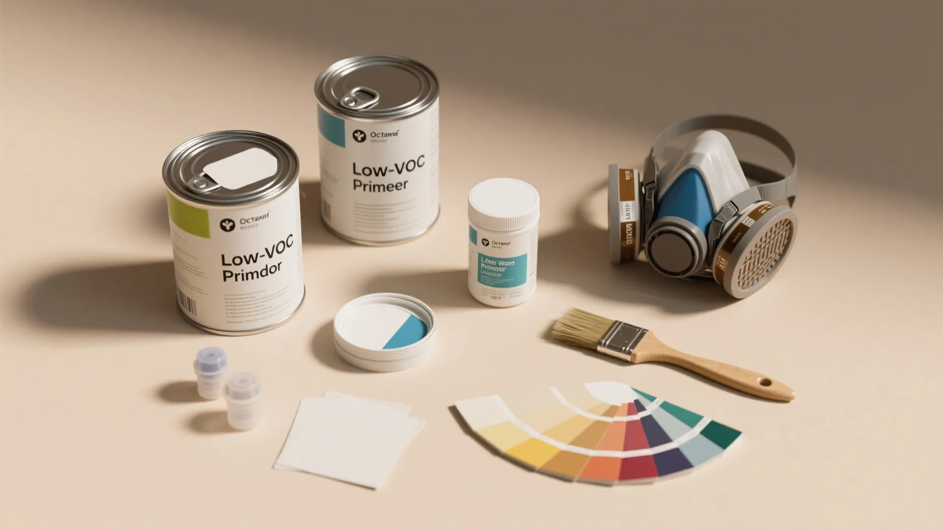 Paint cans with safety mask and color palette and brush on a light beige background