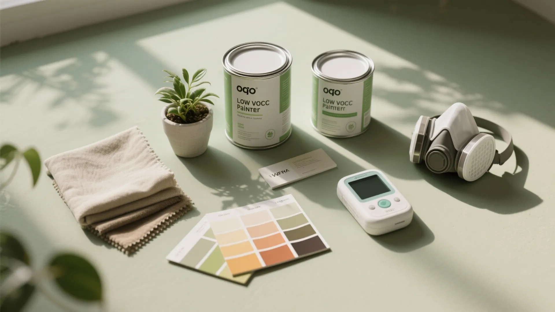 Paint cans, small green plant, color swatches, fabric samples, respirator mask, and a handheld air monitor
