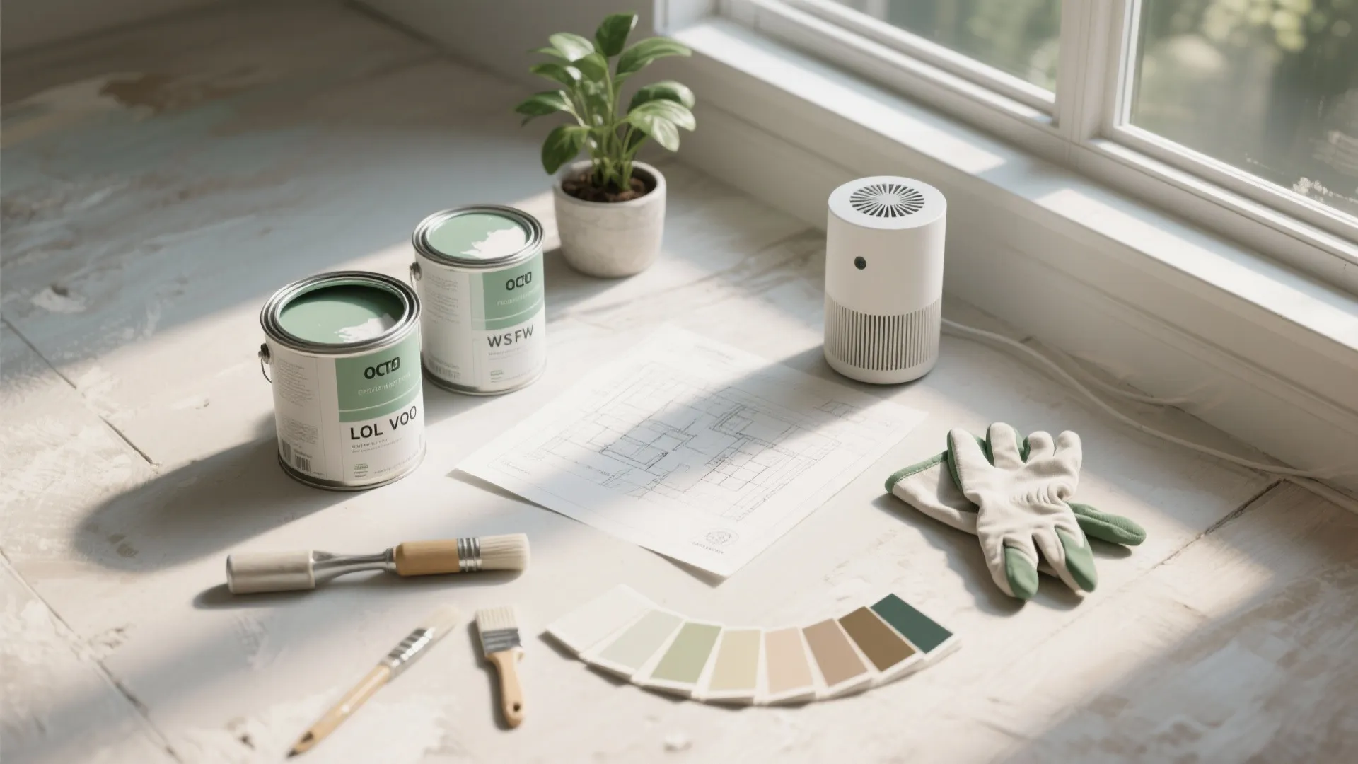 Two paint cans with brushes color swatches gloves and floor plan layout on wooden floor