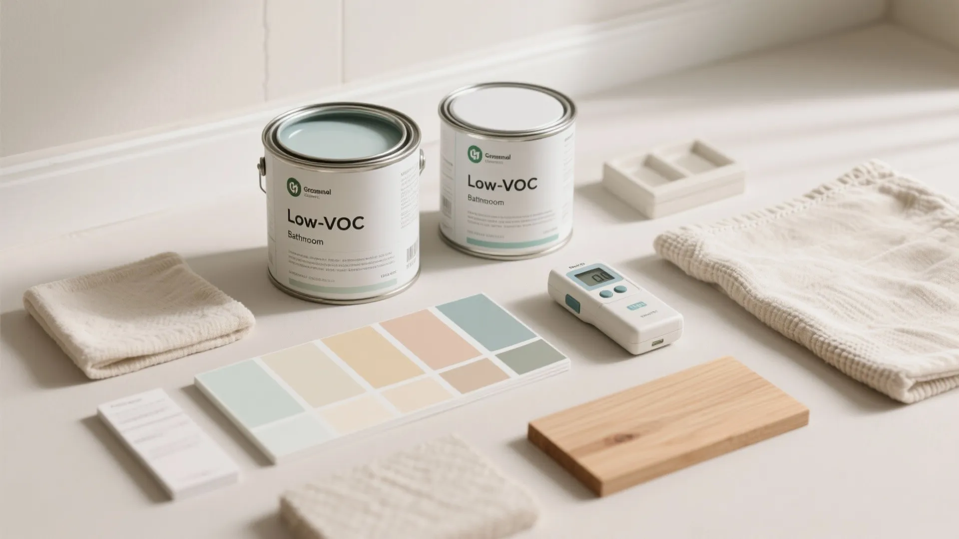Two low VOC paint cans with color palette and wooden sample board for interior home renovation