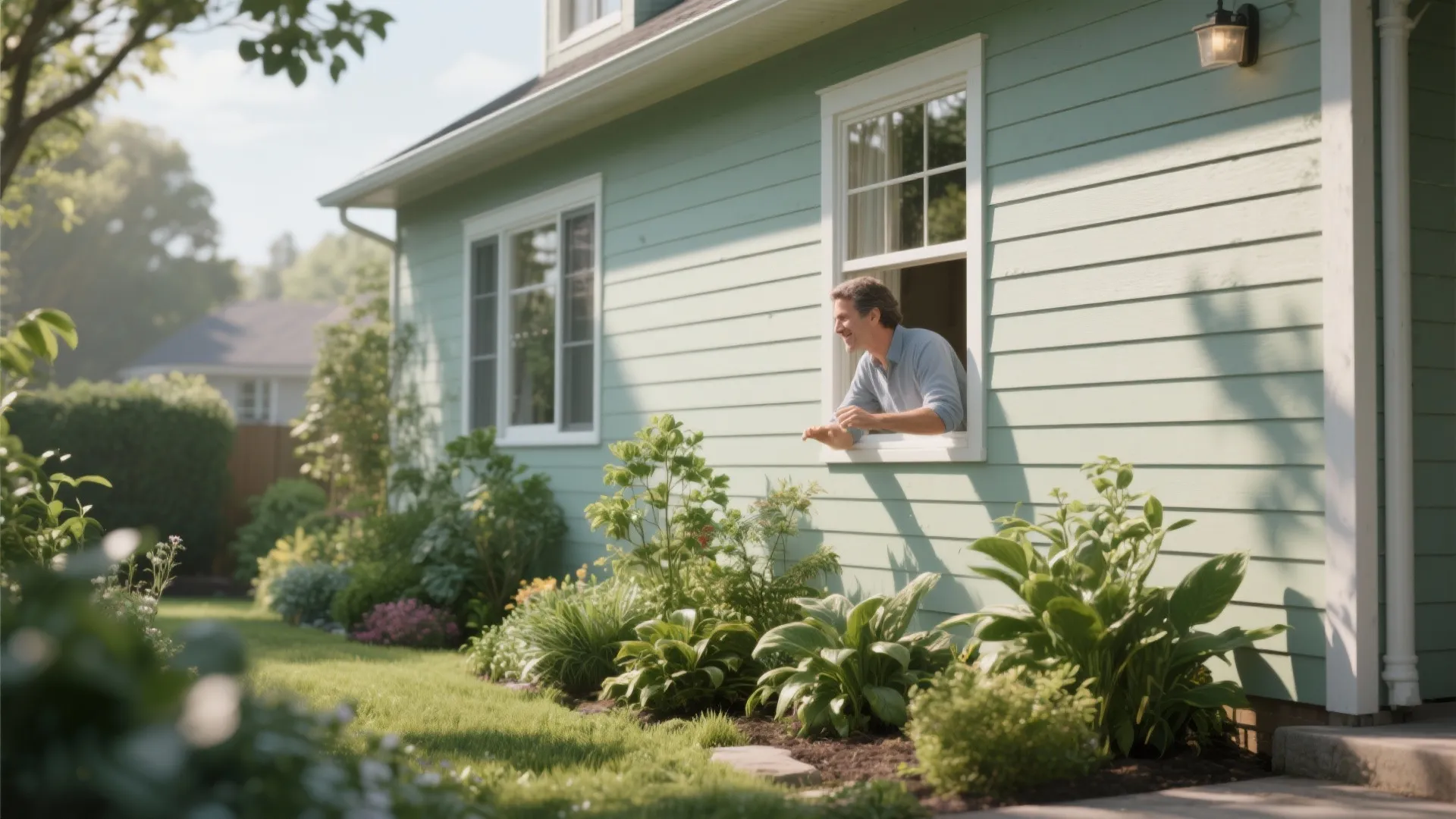 Man looking out from a green house window at a lush garden with various plants