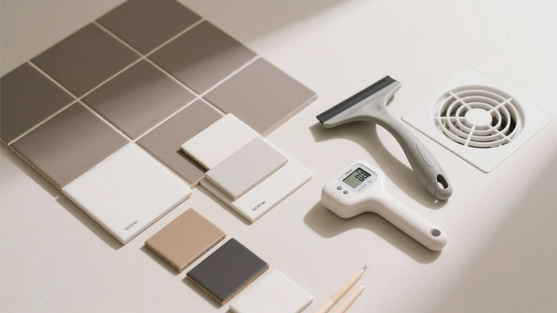 Flatlay of grout swatches, tile samples, squeegee, and a small humidity meter, representing low-VOC, easy-clean choices.
