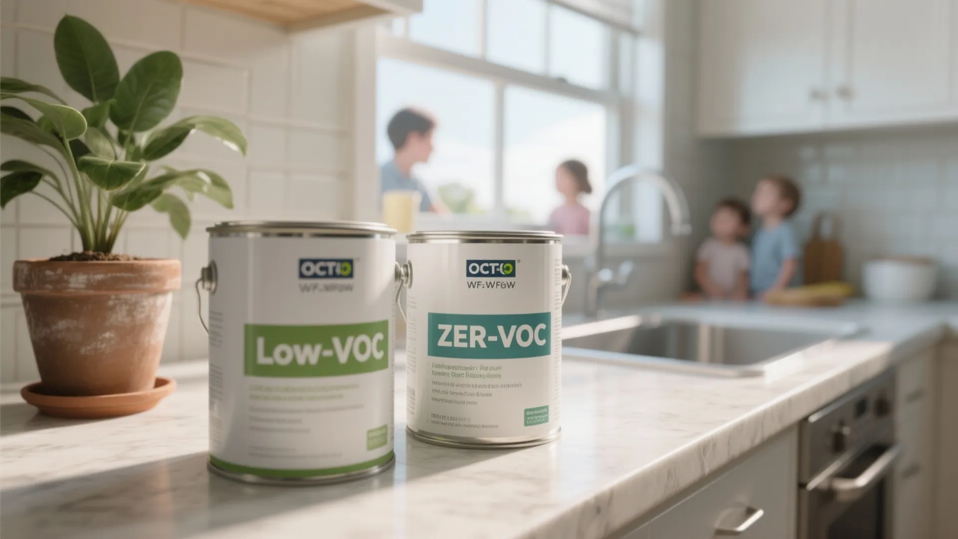 Two paint cans on a kitchen counter with a family and green plant in background
