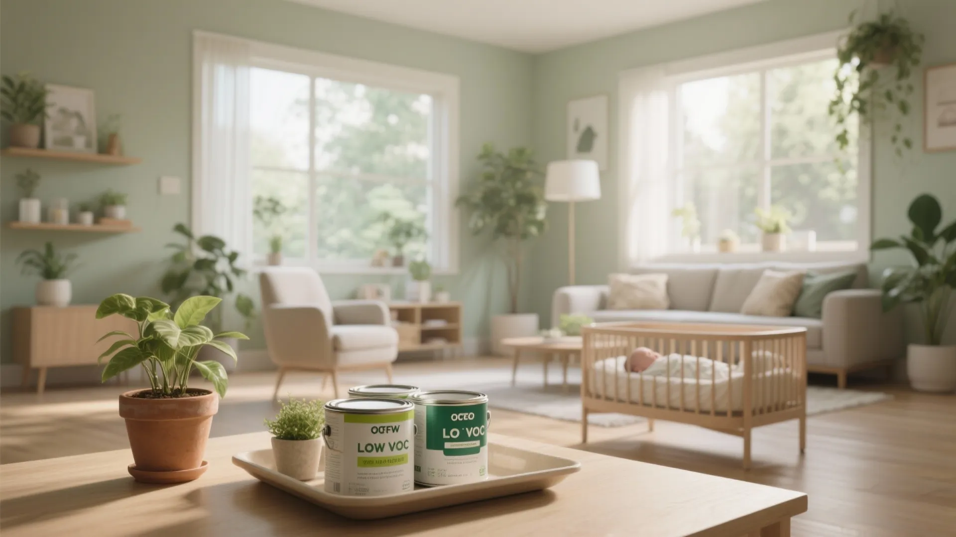 Cans of low VOC paint on a table in a bright green nursery with baby
