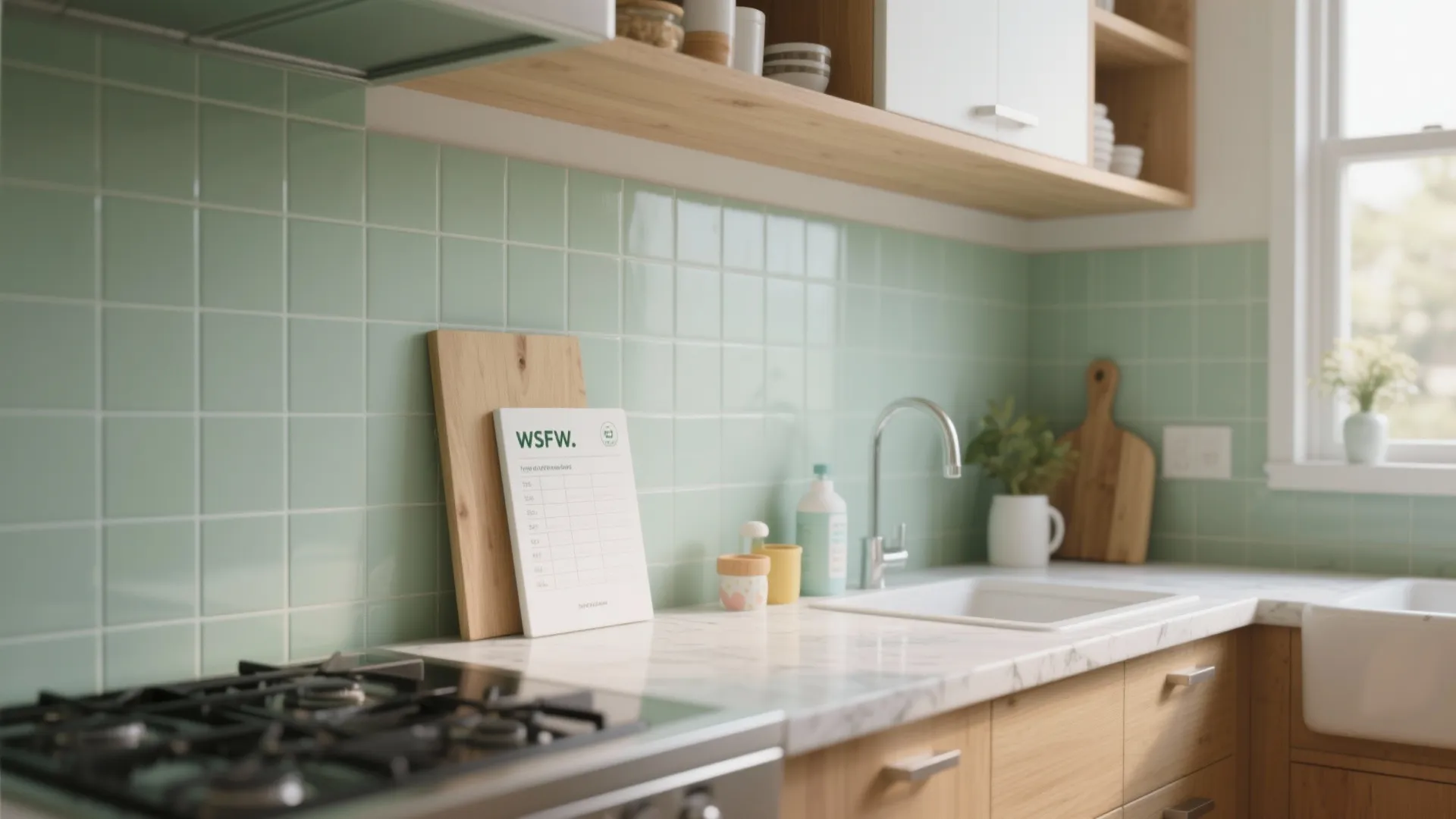 Bright kitchen with washable low-VOC paint and painted test boards nearby.