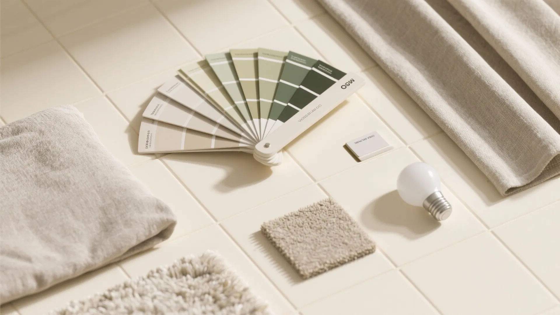 Green and beige color samples, fabric, carpet, and light bulb organized on white tiled floor