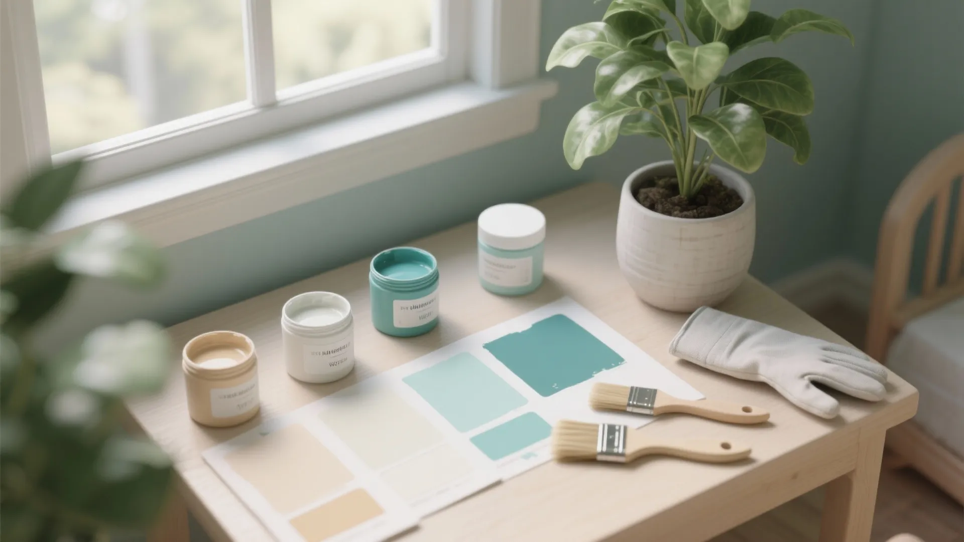Small paint pots with color samples and brushes on a wooden table near a window