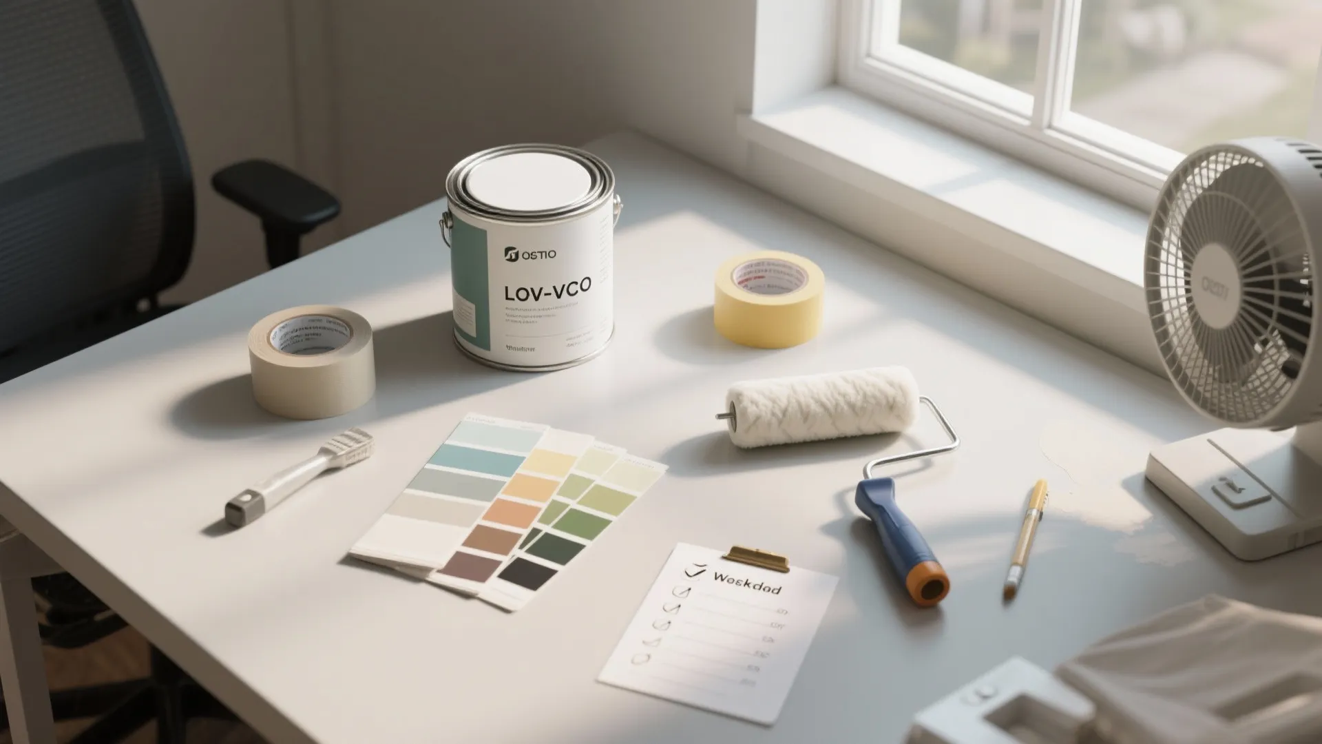 White desk with paint can paint roller masking tape color swatches and checklist near window