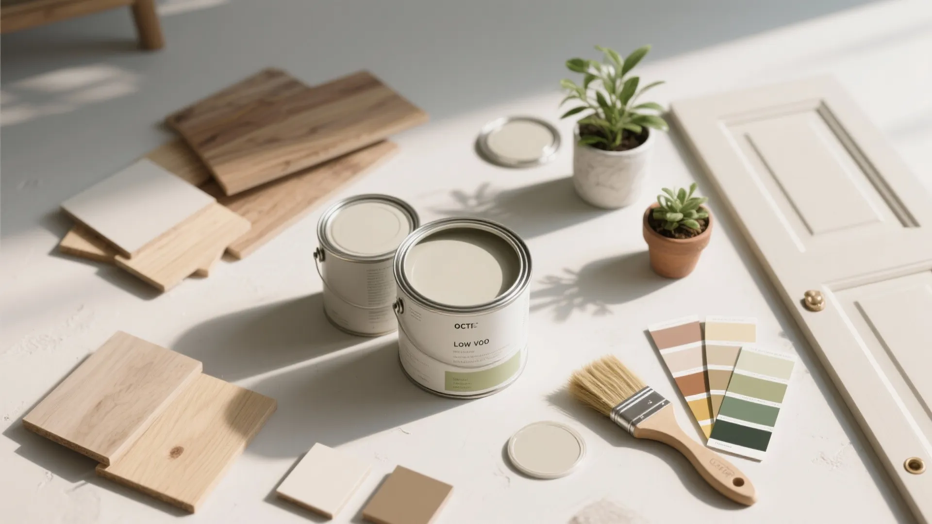 Two paint cans on a white floor with wood samples, a brush, and small plants