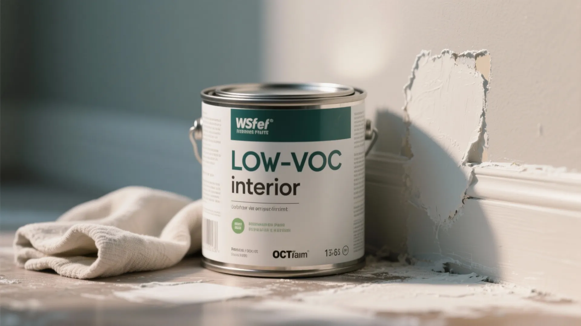 Close-up of a low-VOC paint can and a wall sample patch with a soft cloth for maintenance.