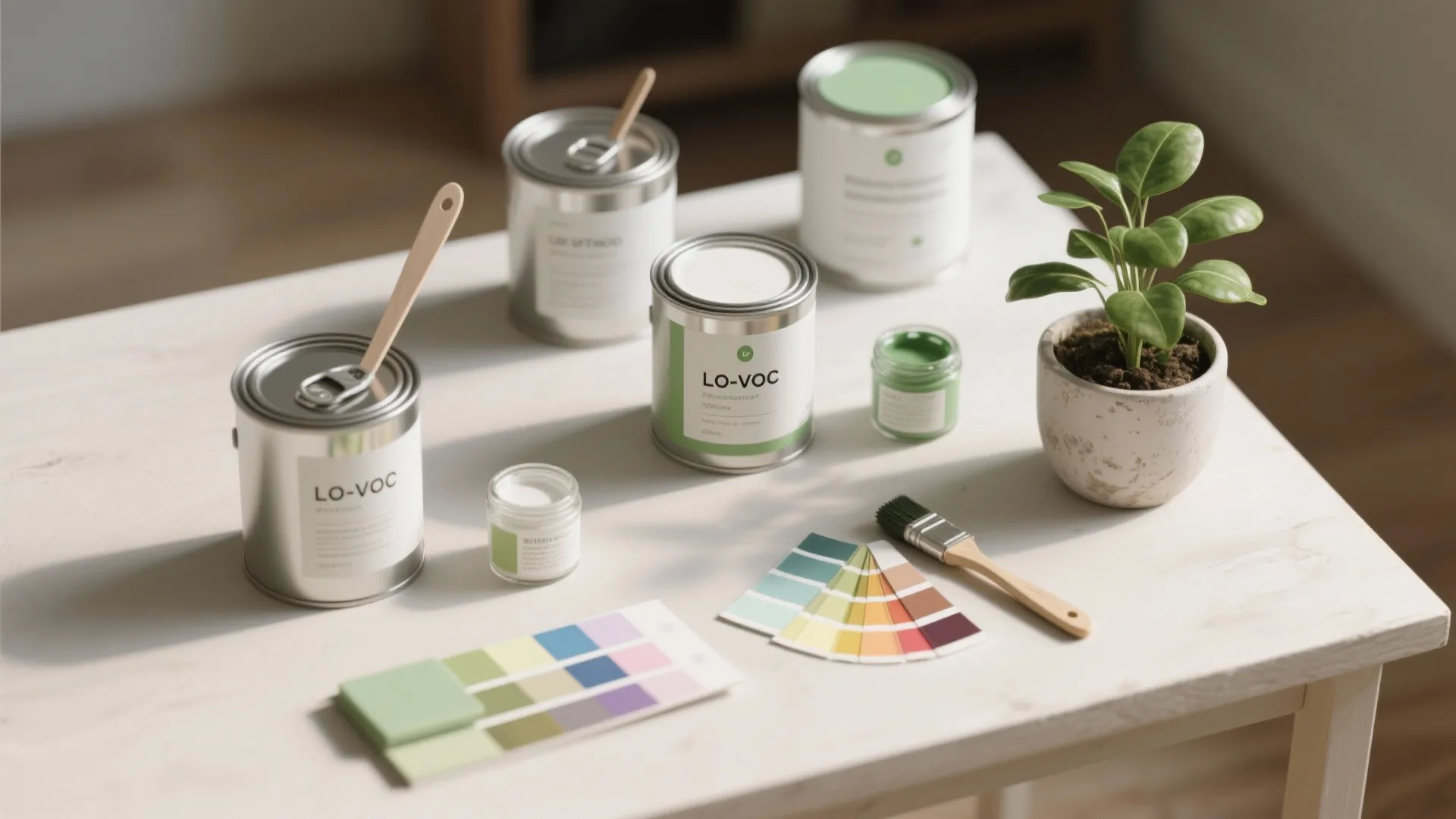 Several open cans of paint on a table with color samples brush and small plant