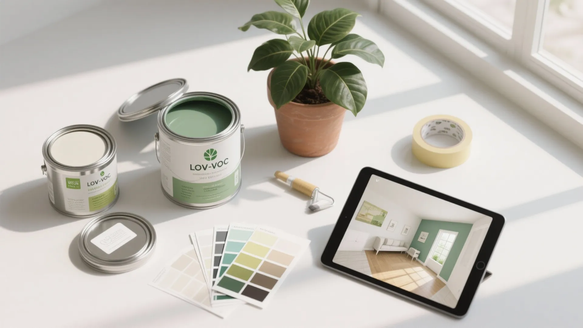 Top-down flatlay of low-VOC paint cans, swatches, plant and a tablet with a 3D layout.