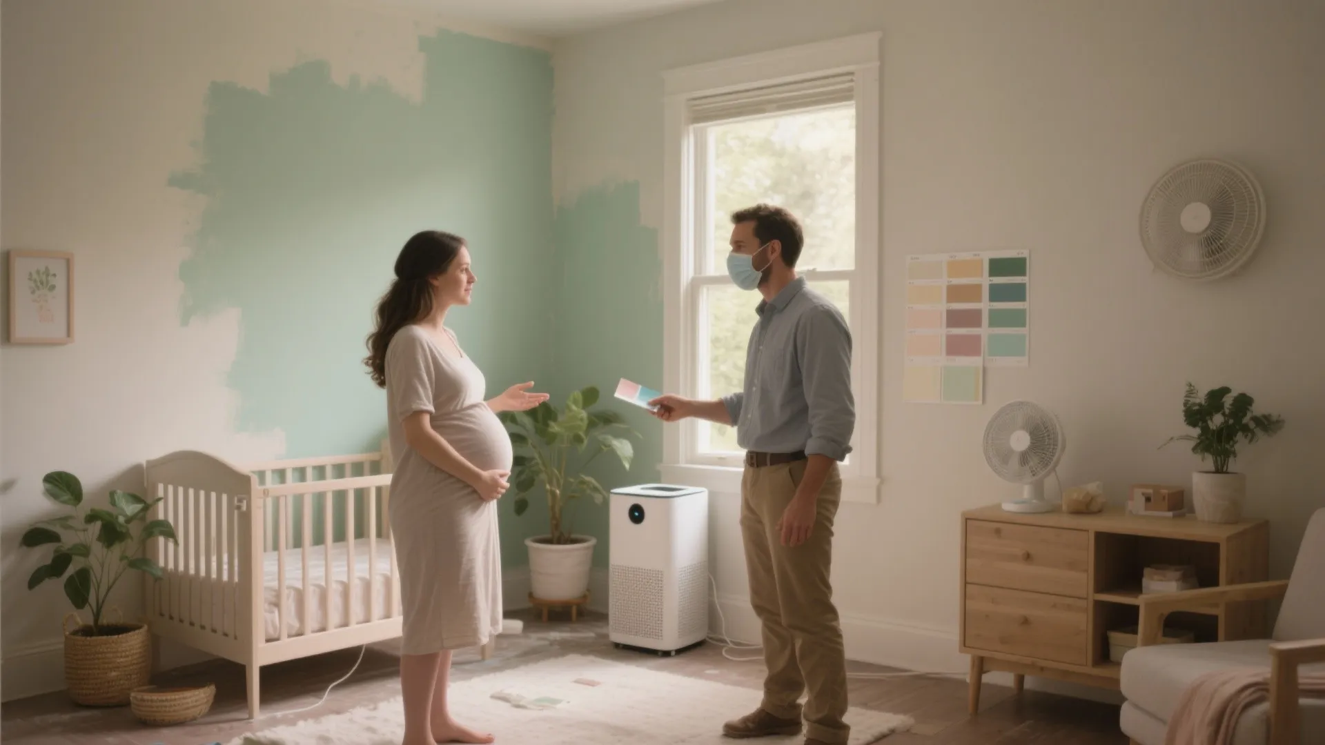 Pregnant woman and masked man choosing paint colors in nursery with crib and air purifier