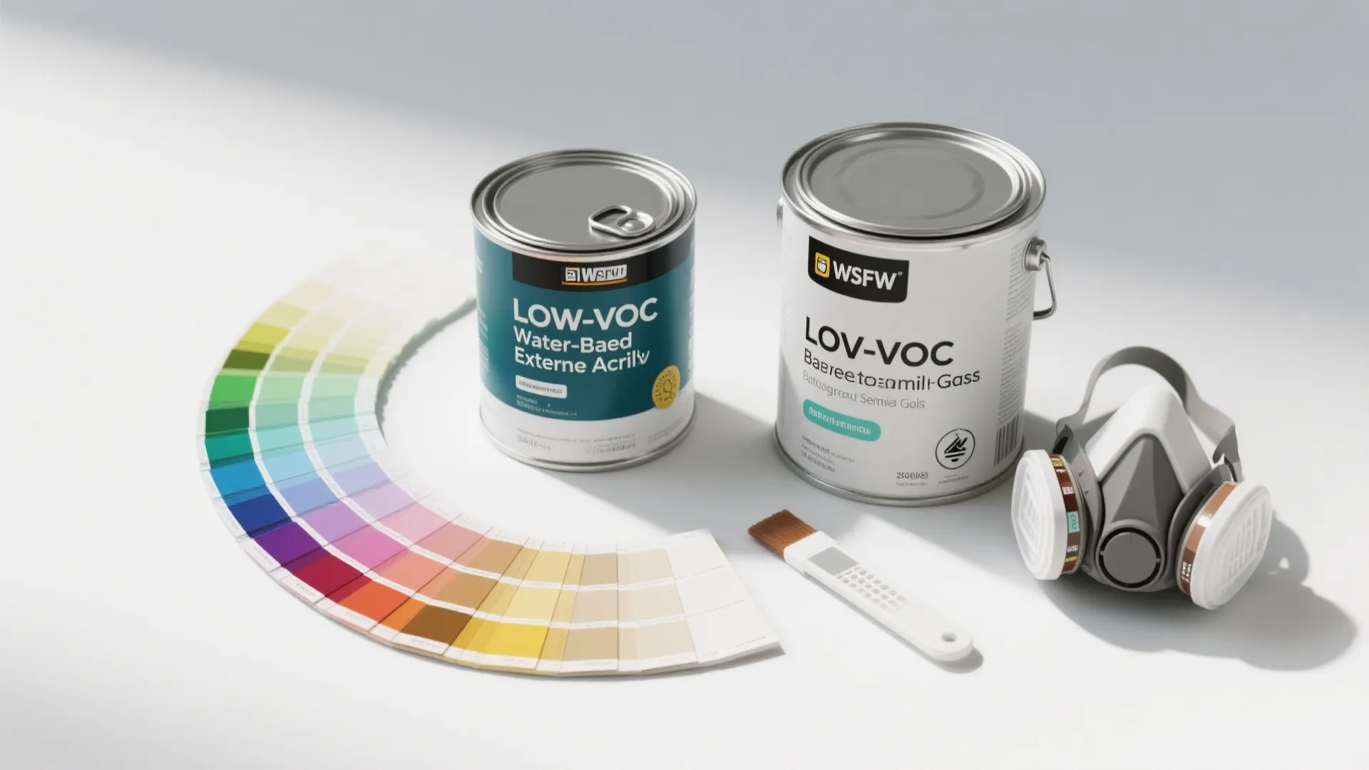 Two paint cans with color swatches plus a white brush and professional safety face mask