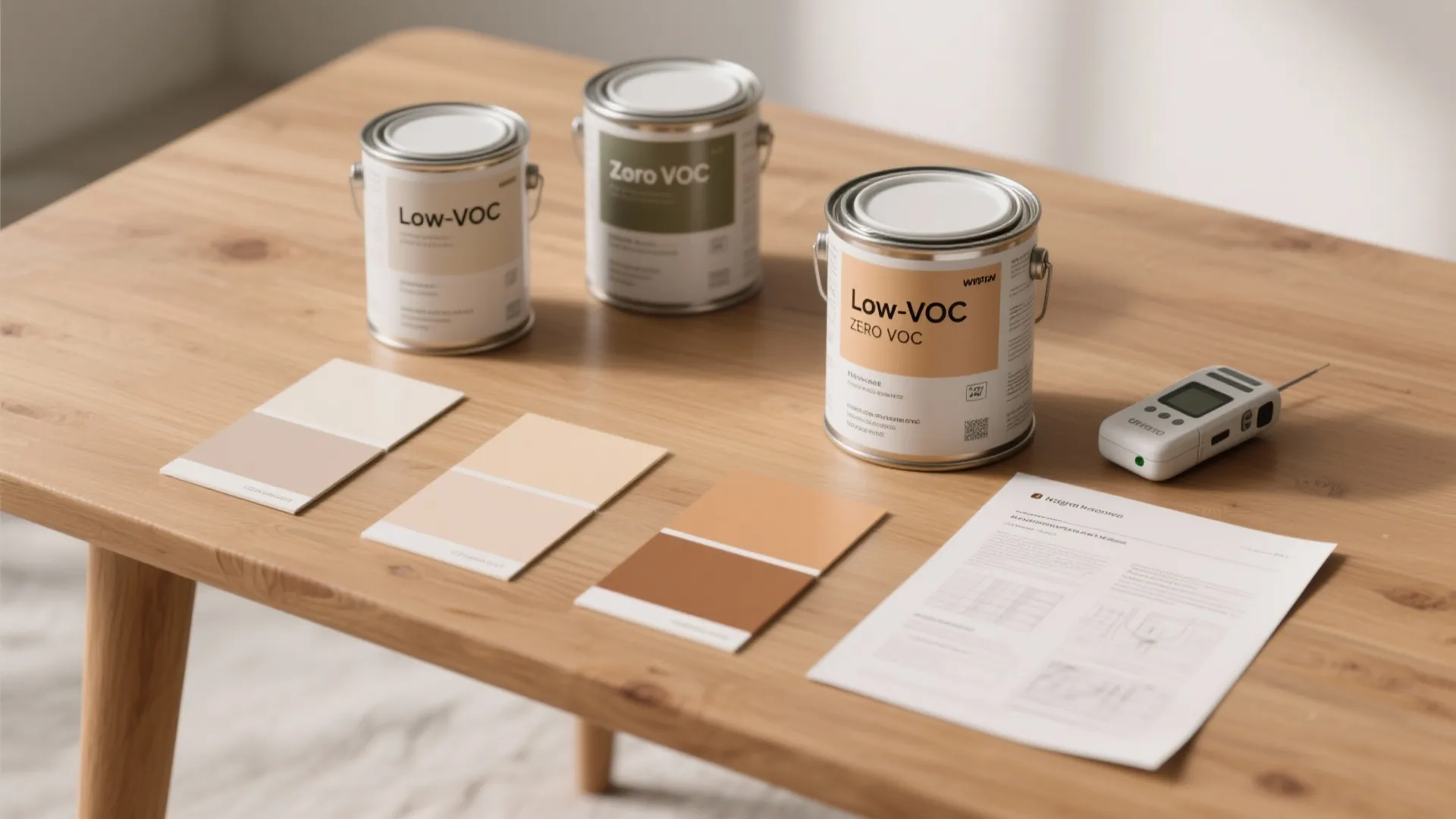 Three paint cans with color swatches and testing device on a wooden table for renovation