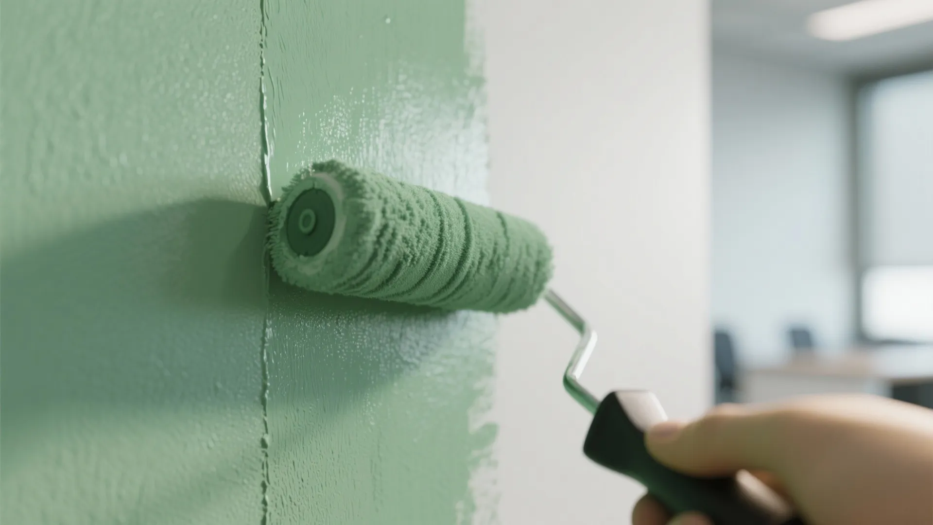 Hand using a paint roller to apply light green paint onto a clean white wall