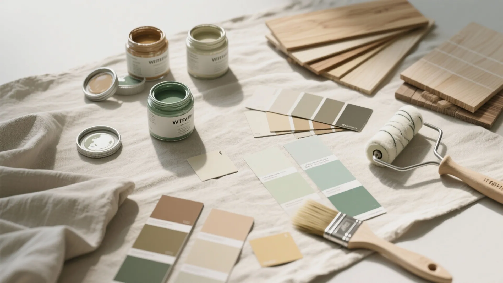 Selection of green paint cans and color swatches with a paint roller on a cloth