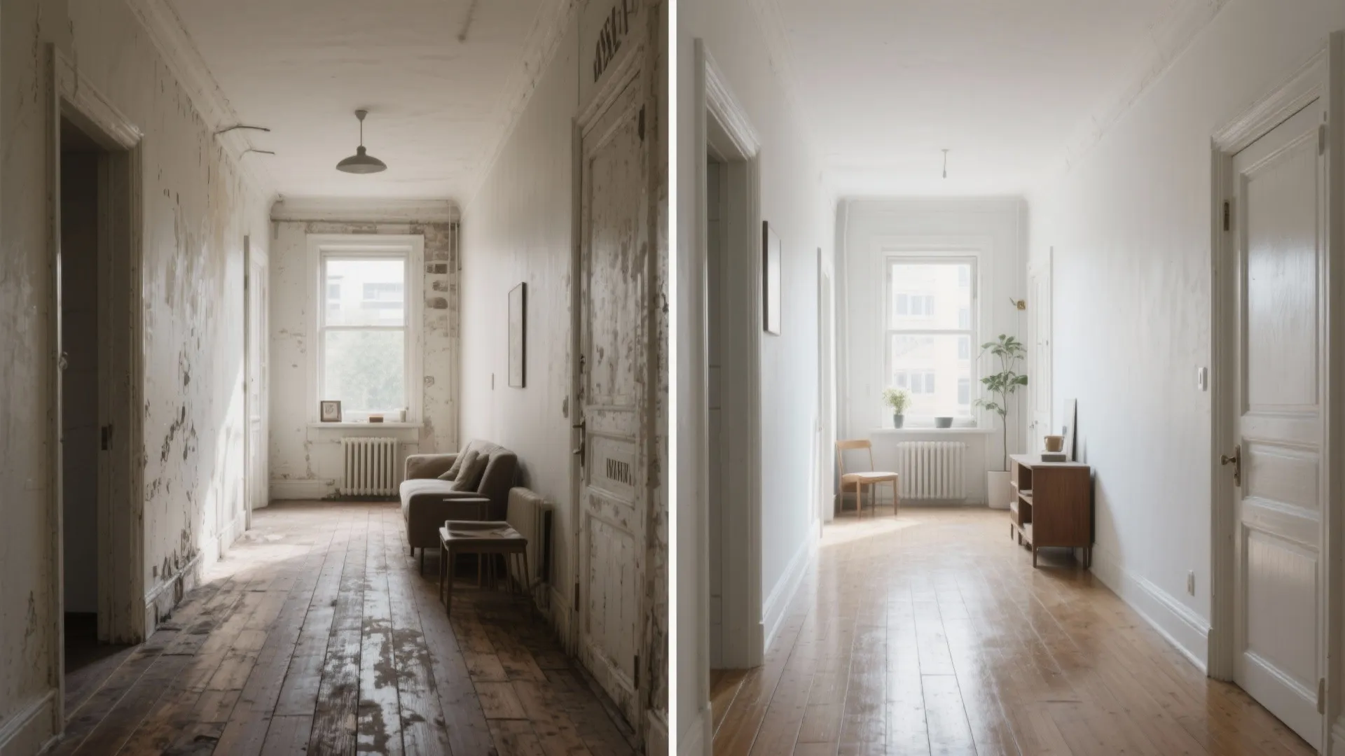 Before and after comparison of hallway renovation with new white wall paint and wood floor