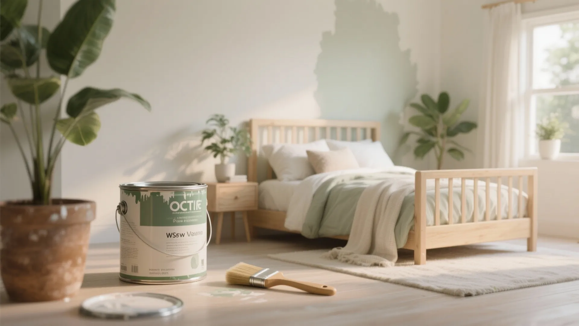 Green paint can with brush on floor in bedroom featuring wooden bed and green wall paint