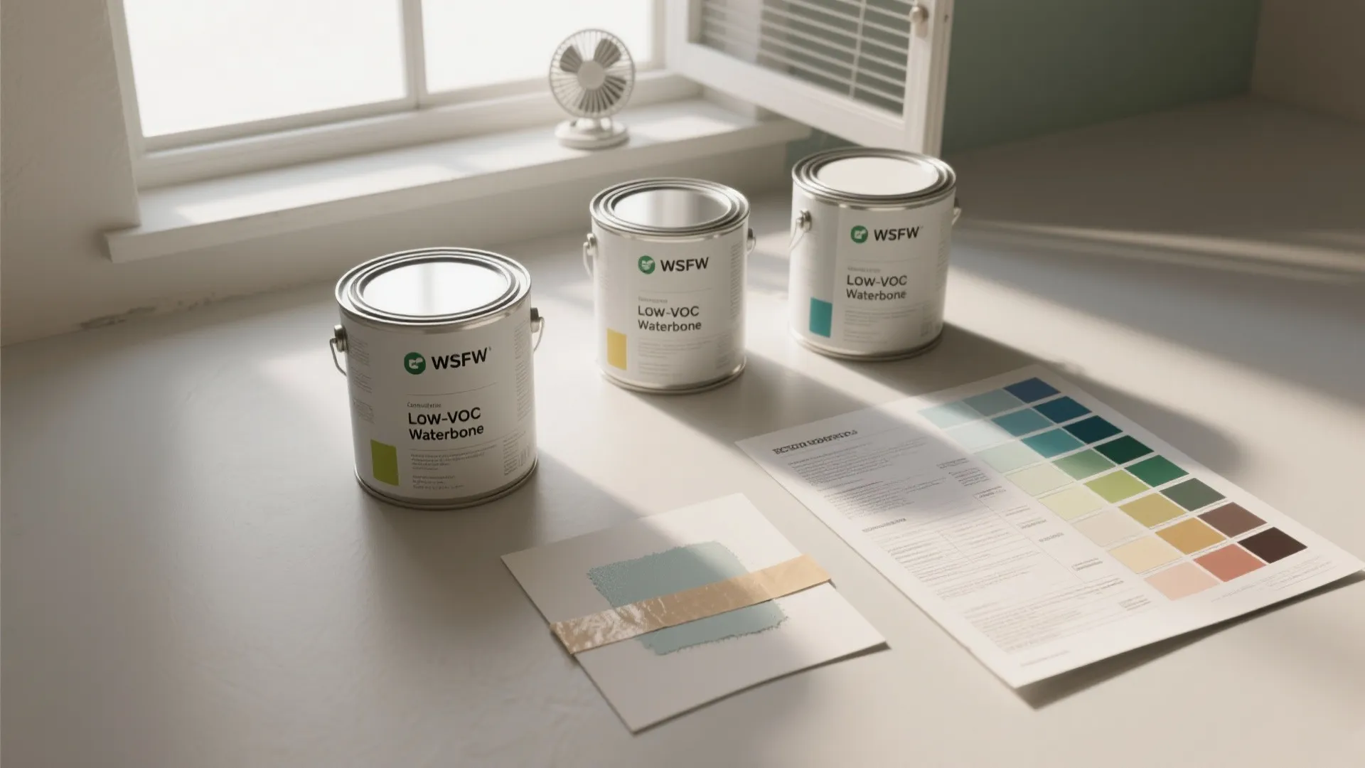 Three metal paint cans sitting on a table next to colorful paper swatches and window