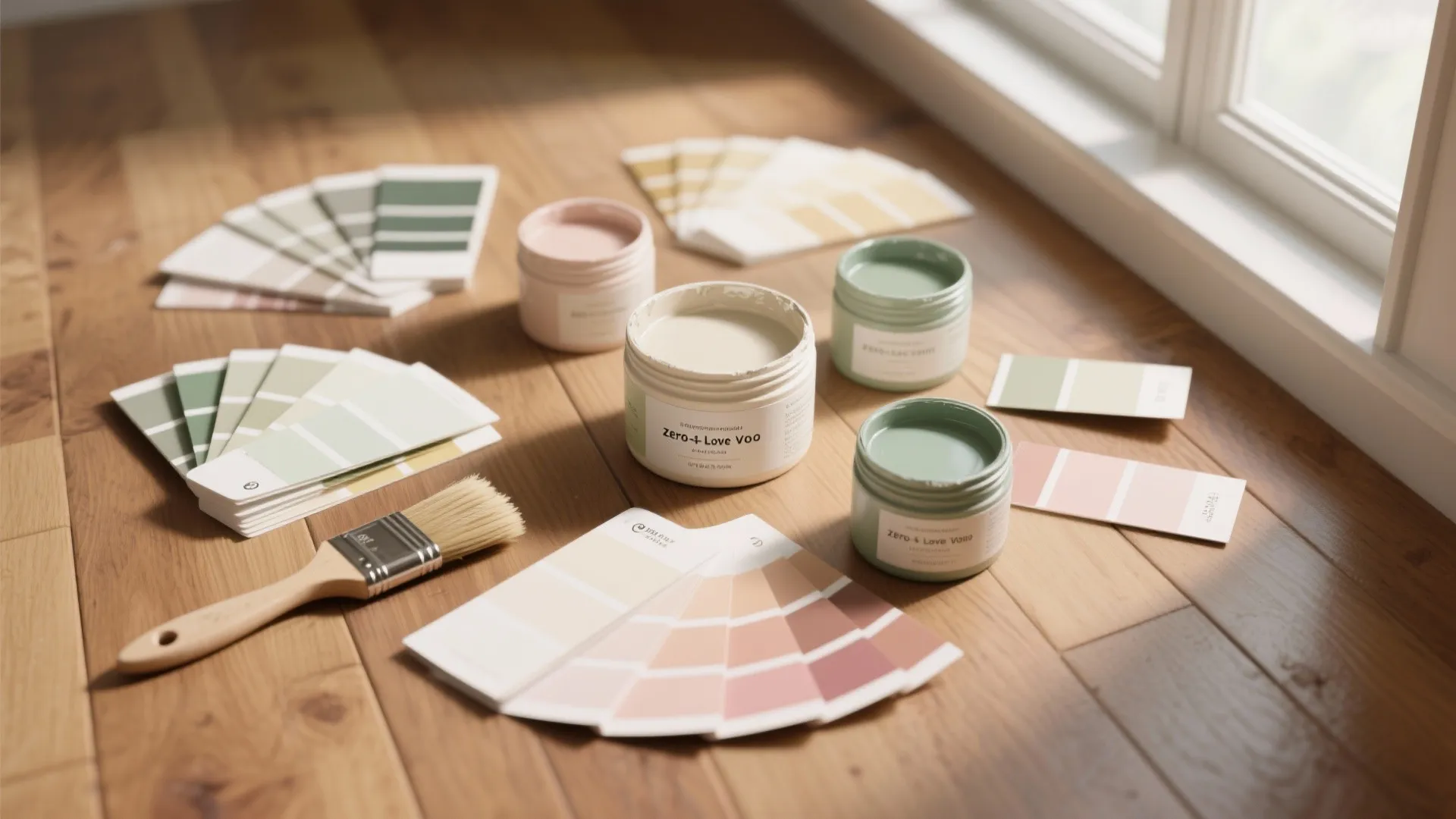 Open paint cans with color swatches and paint brush on a light brown wooden floor