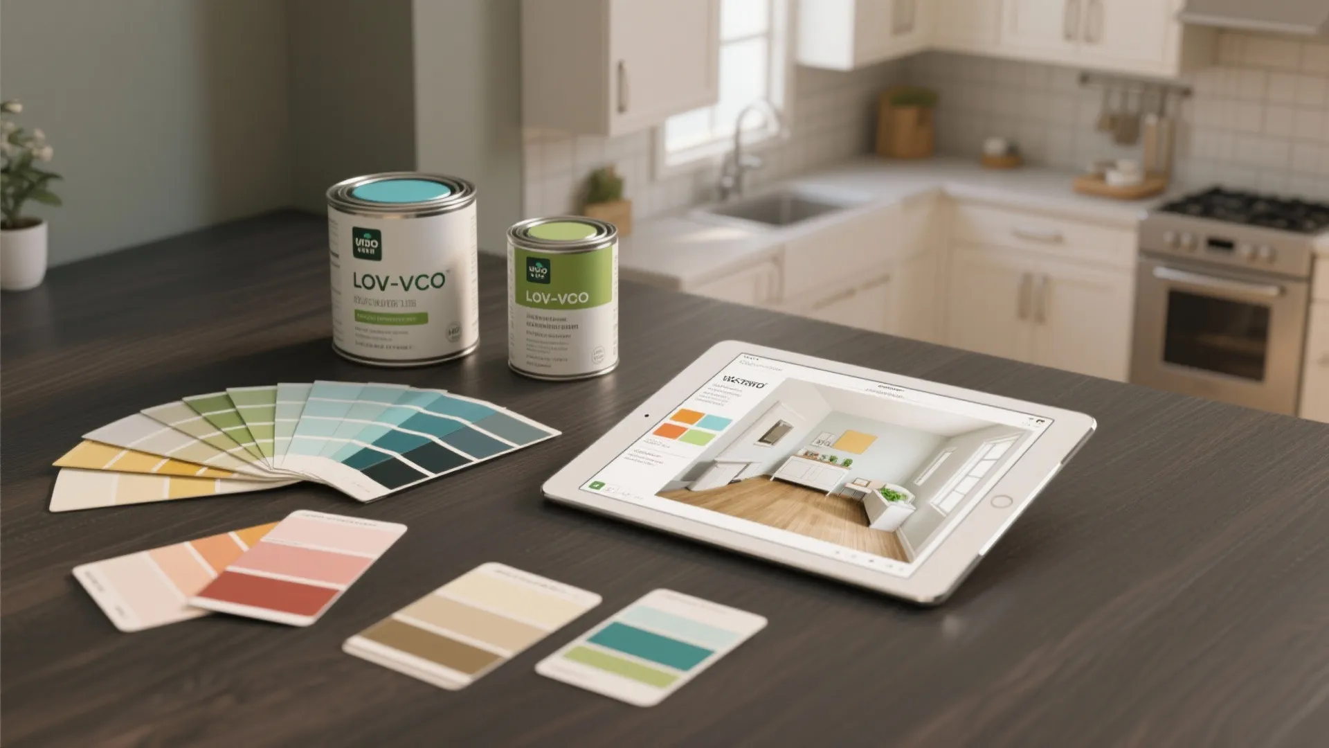 Table with paint cans color swatches and a tablet showing a 3D interior design room