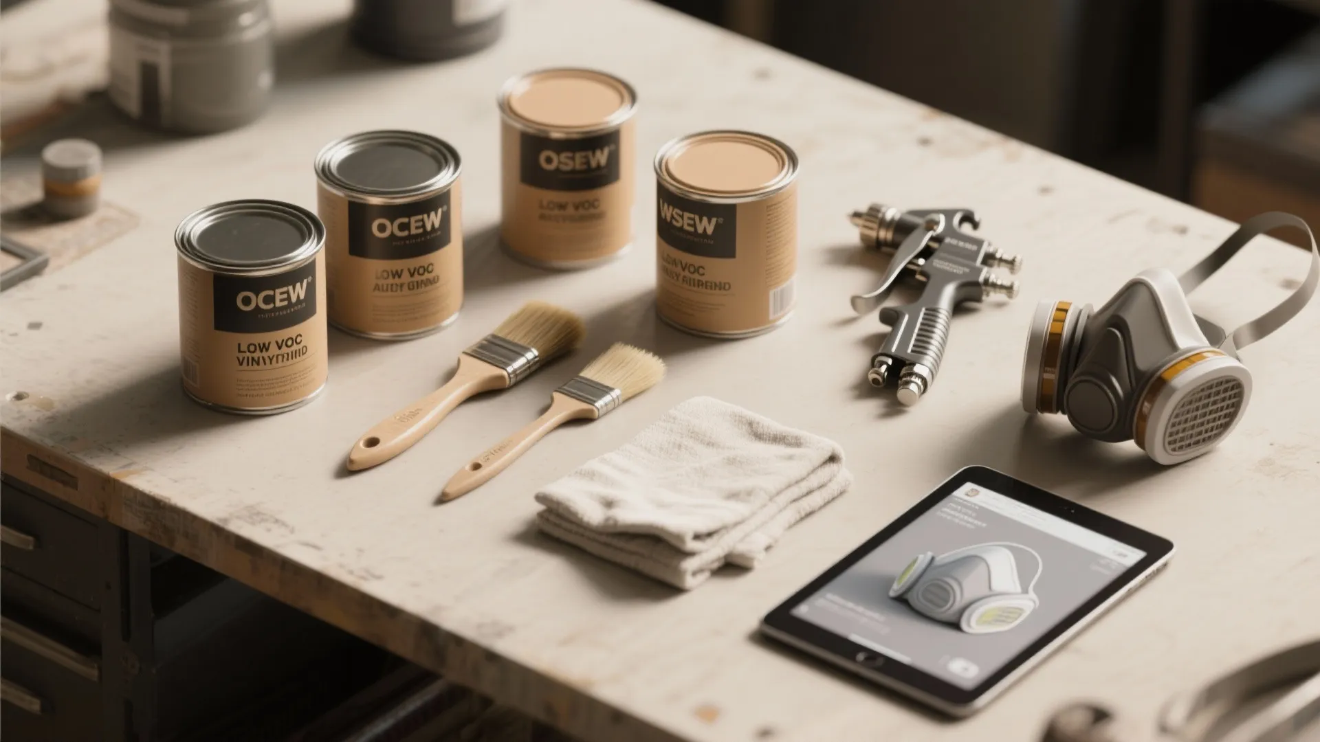 Top-down view of low-VOC vinyl paint supplies, respirator, spray gun, and a tablet with a 3D render for client previews.