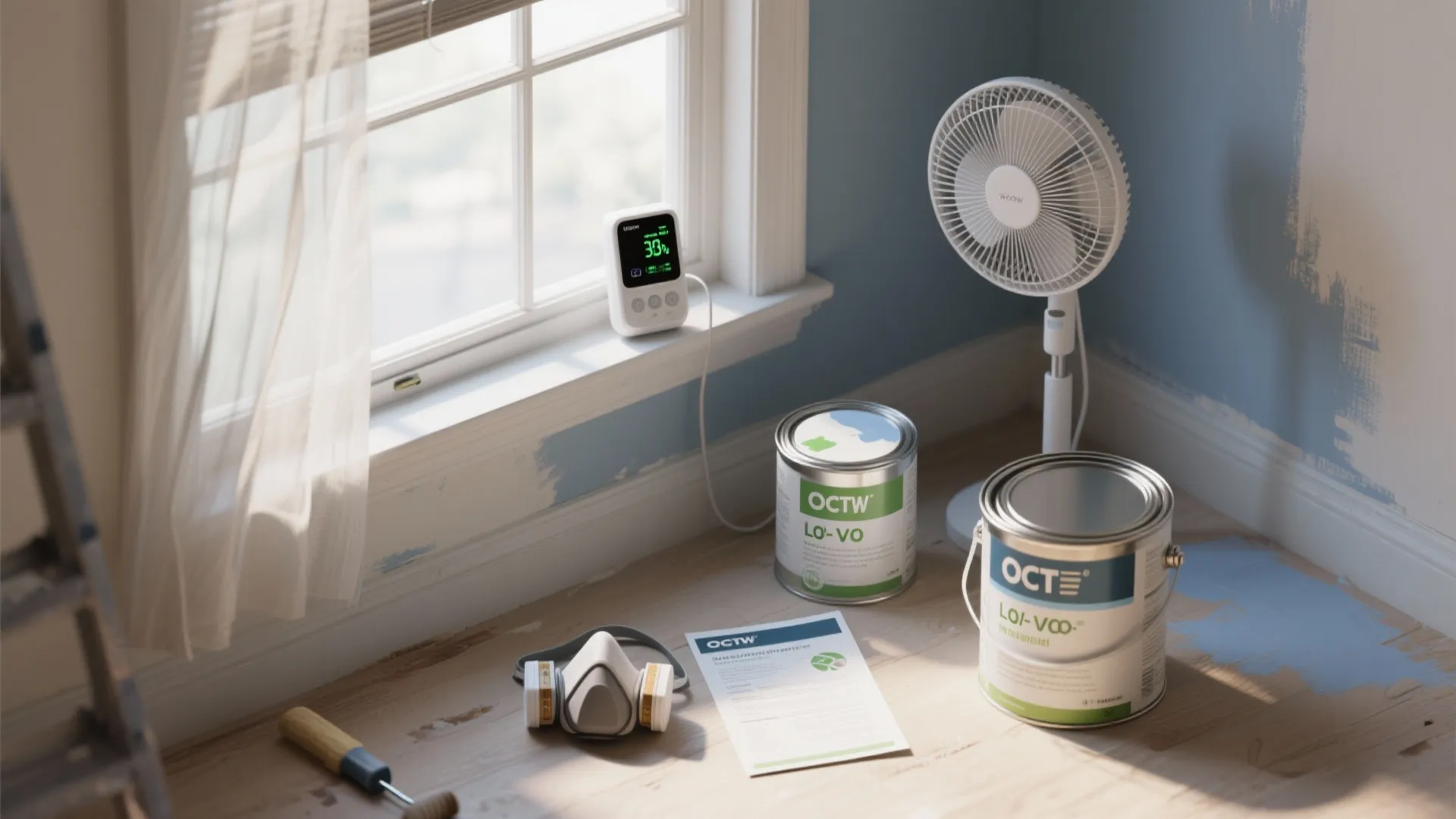 Top-down view of interior painting safety: open window, fan, air quality monitor and low-VOC paint.