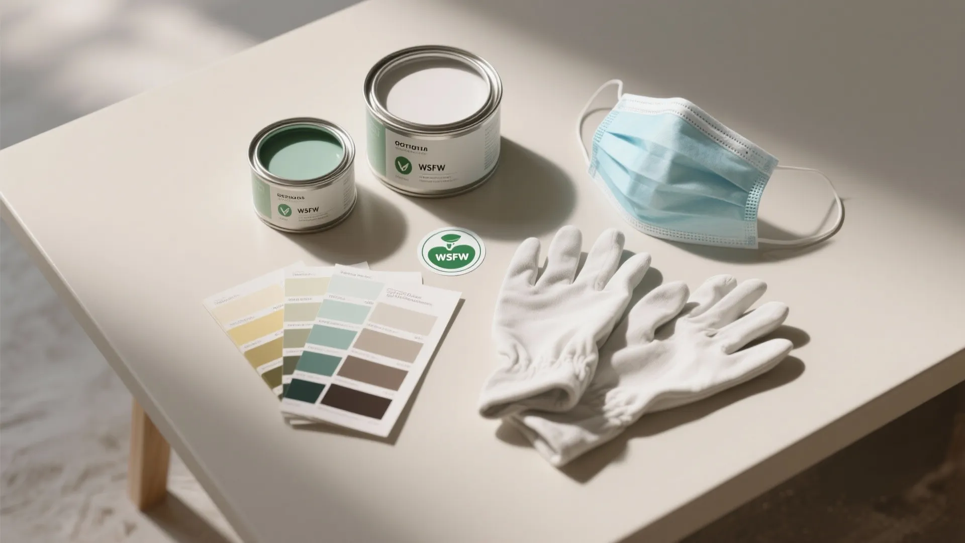 Painting supplies including paint cans, white gloves, blue face mask, and color swatches on table