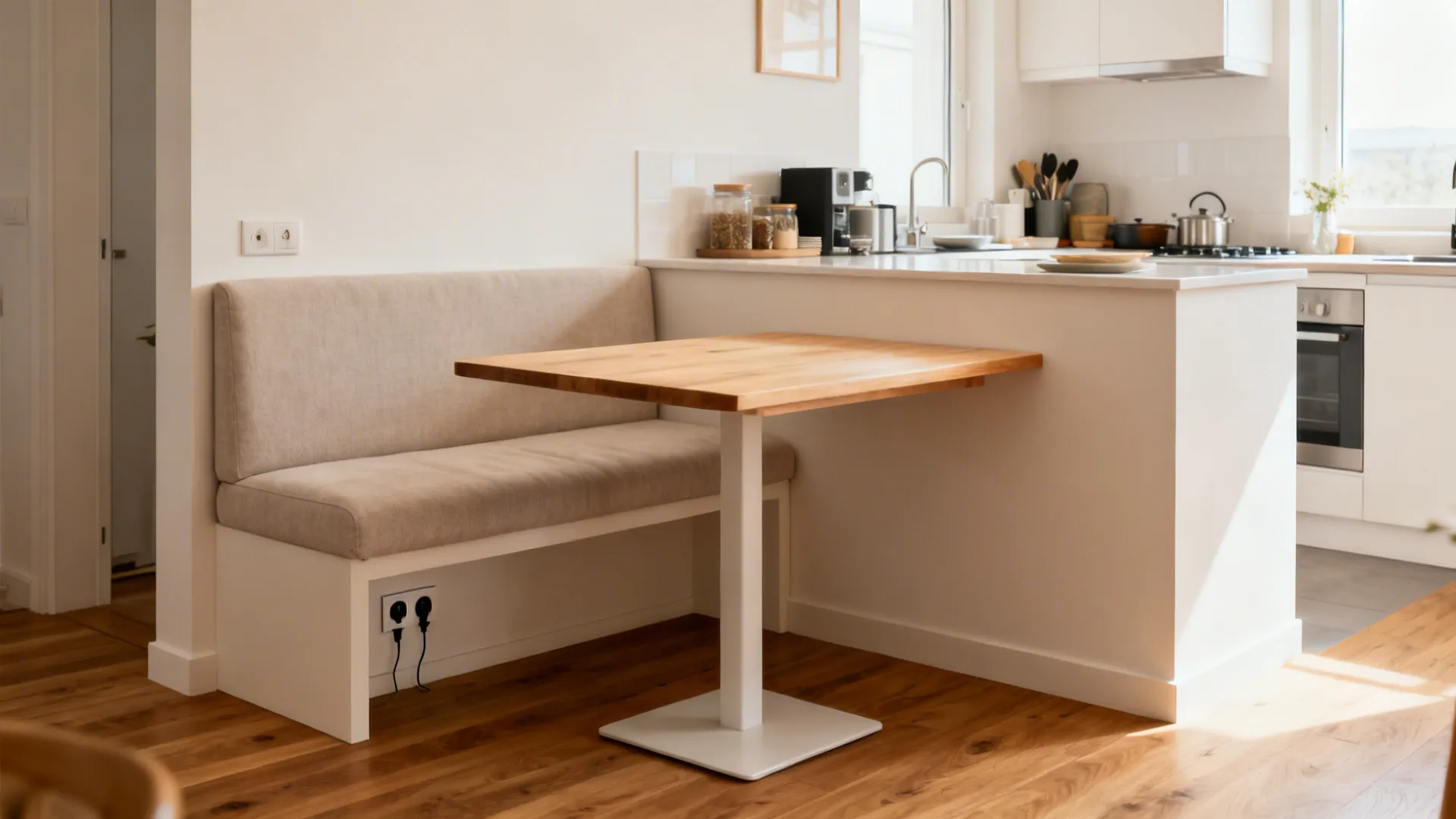 A low wall with built-in banquette creates a cozy dining nook and screens the kitchen.