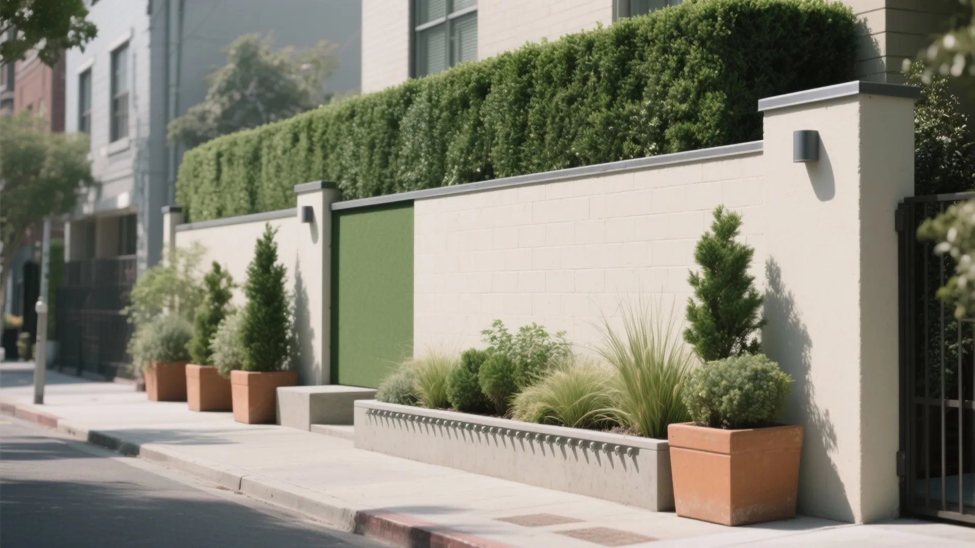 White garden wall with green hedge and small plants in clay pots along a sunny sidewalk