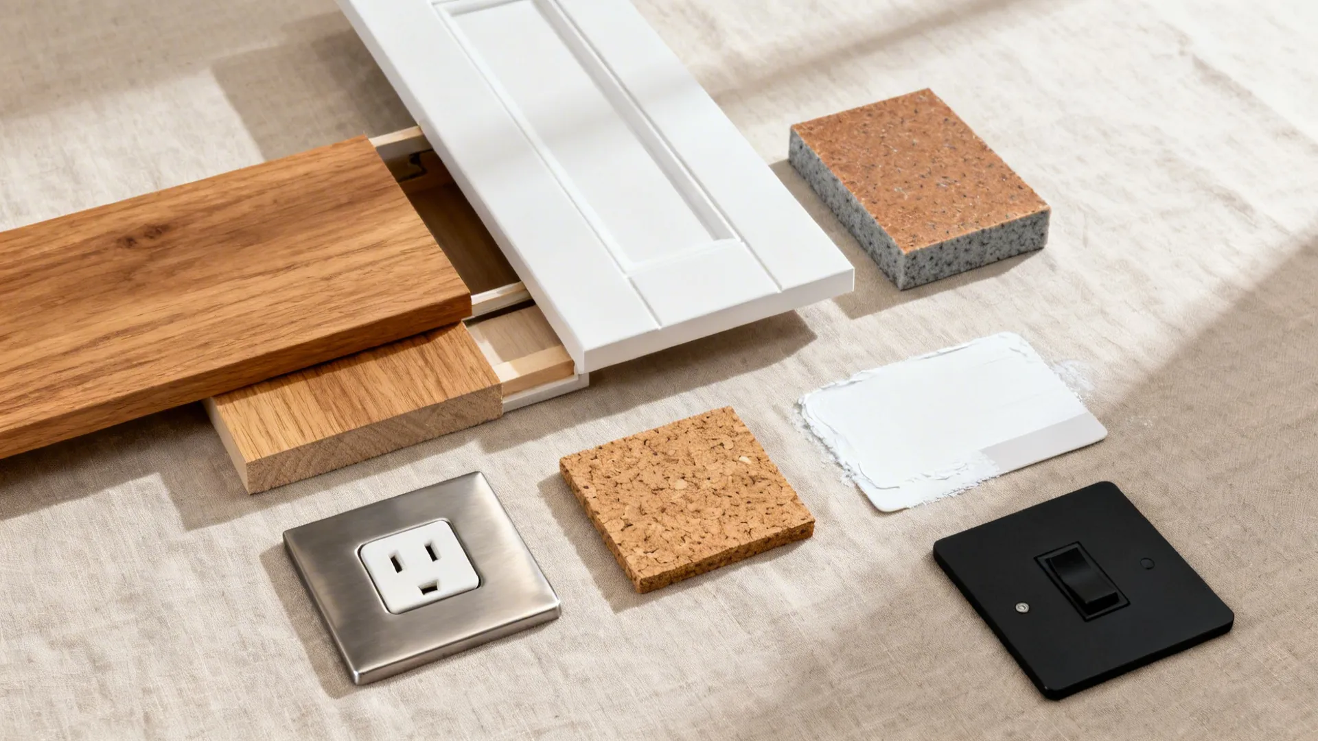Material flat lay with oak veneer, matte white cabinet finish, quartz, cork, and stainless outlet cover.