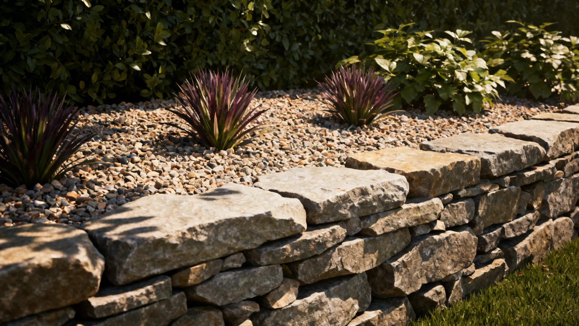 Short stacked-stone wall forming a raised bed topped with crushed rock mulch and perennials.