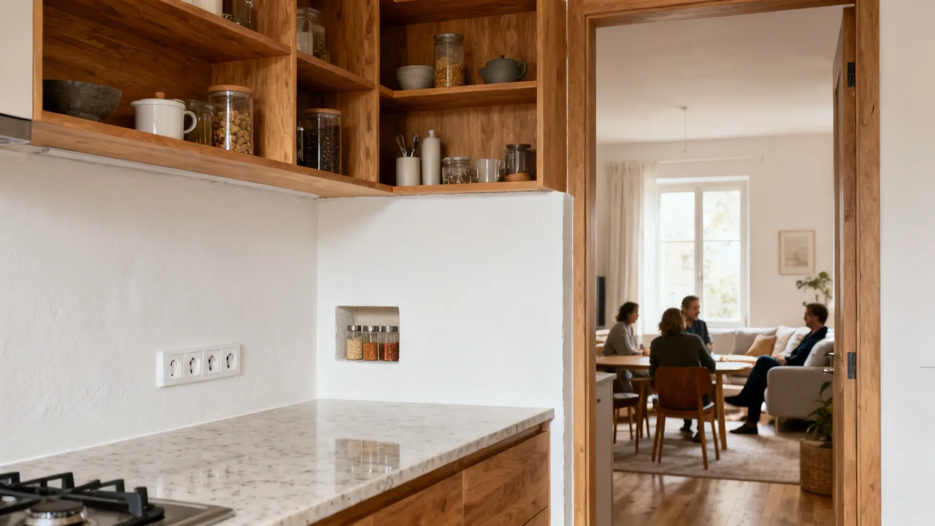 Half-open kitchen with a 90 cm low wall and oak open shelves defining zones and preserving airflow.