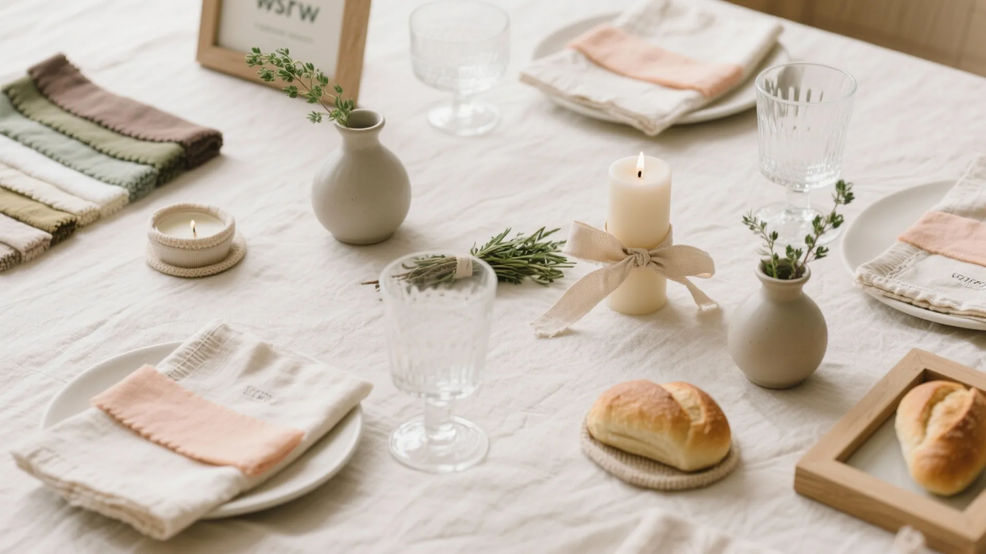 Table setting with white cloth, napkins, glasses, candles, bread, and small vases with green plants