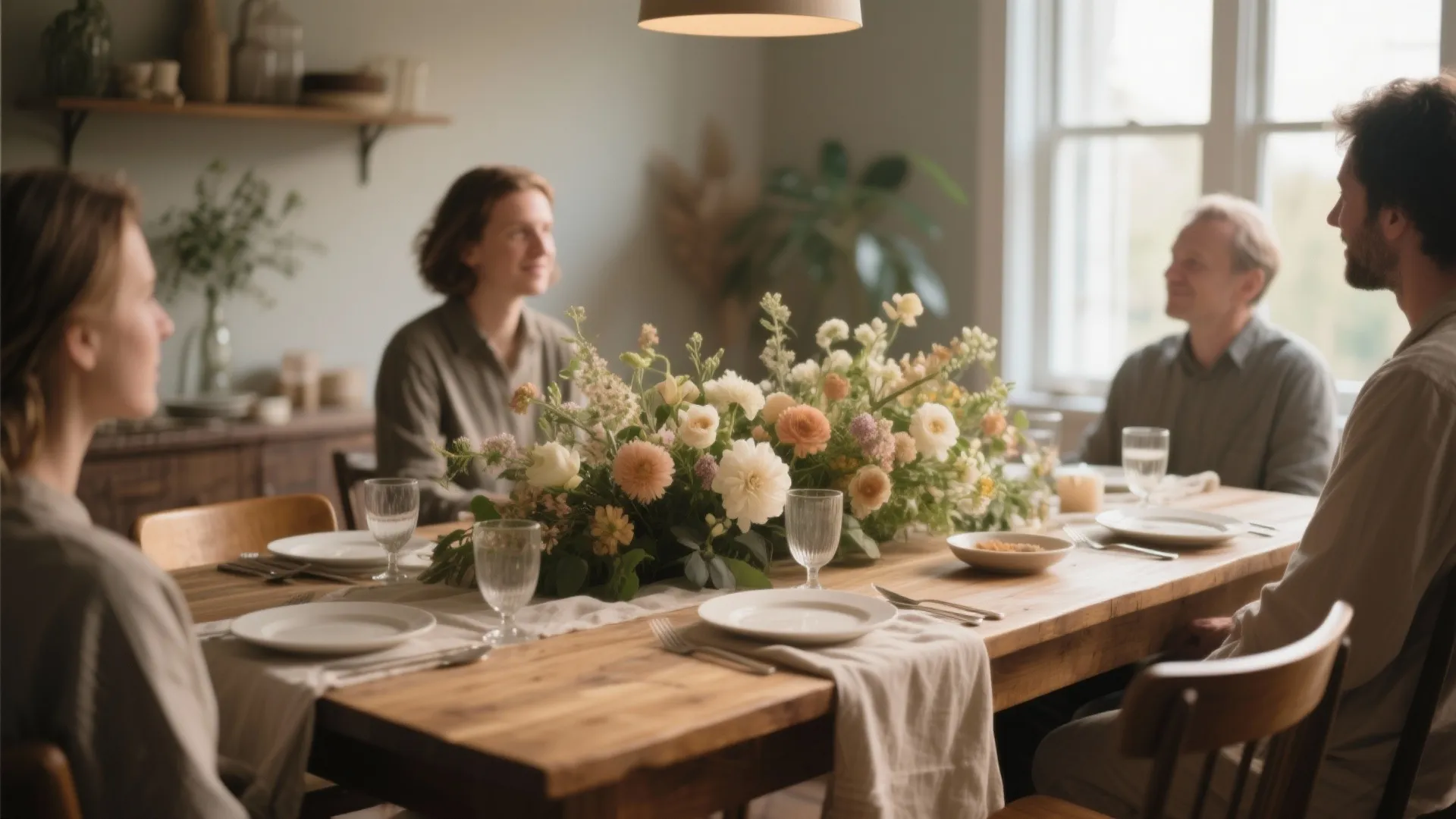 People sitting around a wooden dining table with large colorful flower arrangement and soft lighting