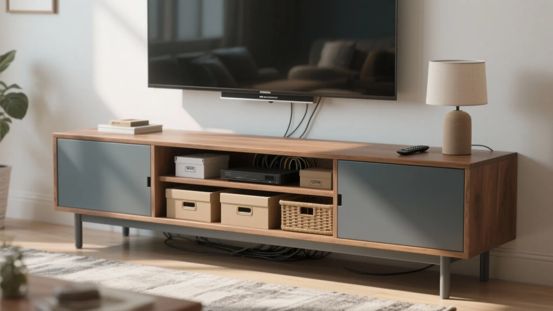 Modern wood cabinet under a television with gray doors and a small table lamp on