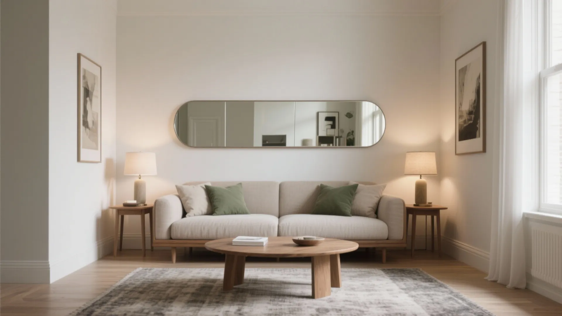 3) Low, Wide Mirror Behind the Sofa