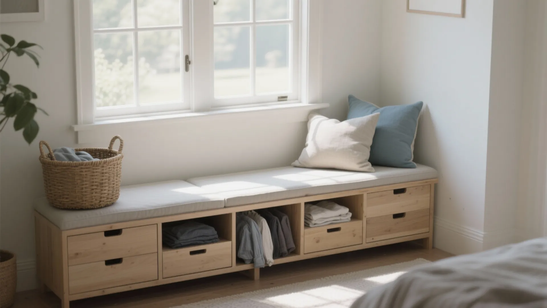 2. Low dresser that doubles as a bench under the window
