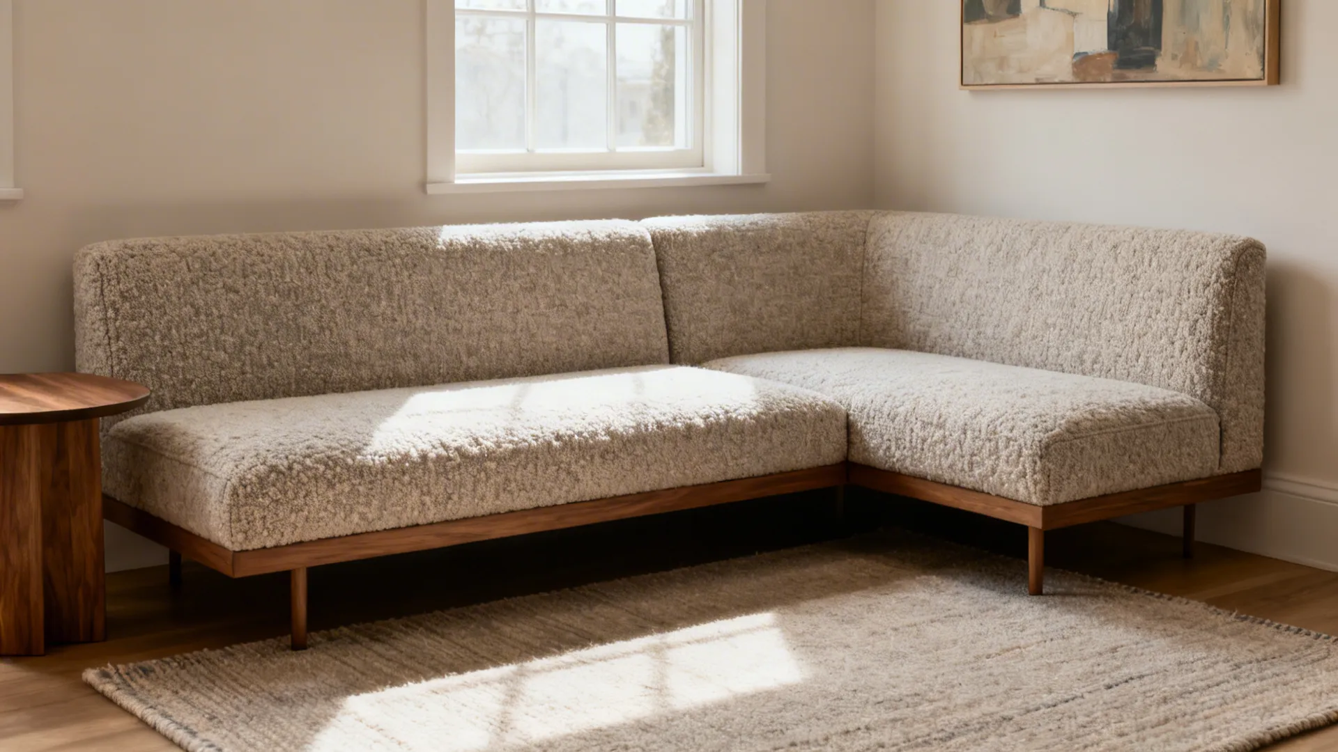 Low-back L-shaped sofa in textured boucle fabric with clear sightlines.