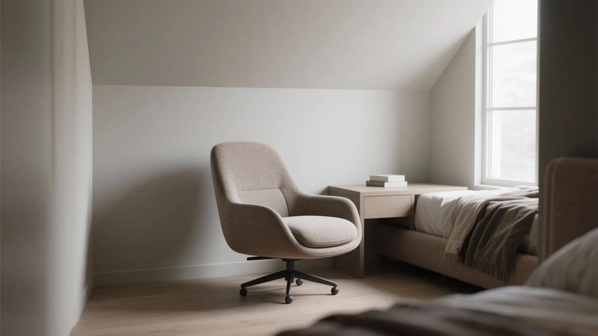 Low-back upholstered swivel chair in a compact bedroom maintaining open sightlines.