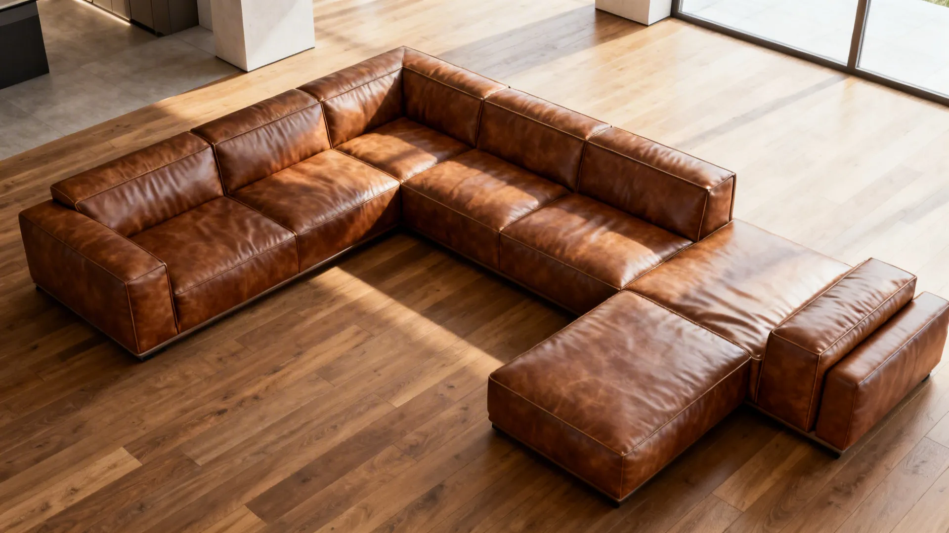 Top-down view of an open-plan living area with a low-back modular leather sectional arranged for flexibility