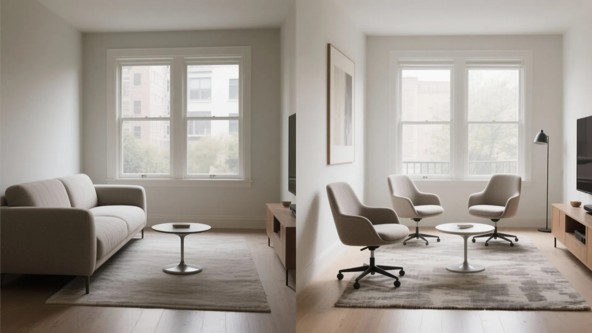 Split screen showing a beige sofa on left and two swivel chairs on right side