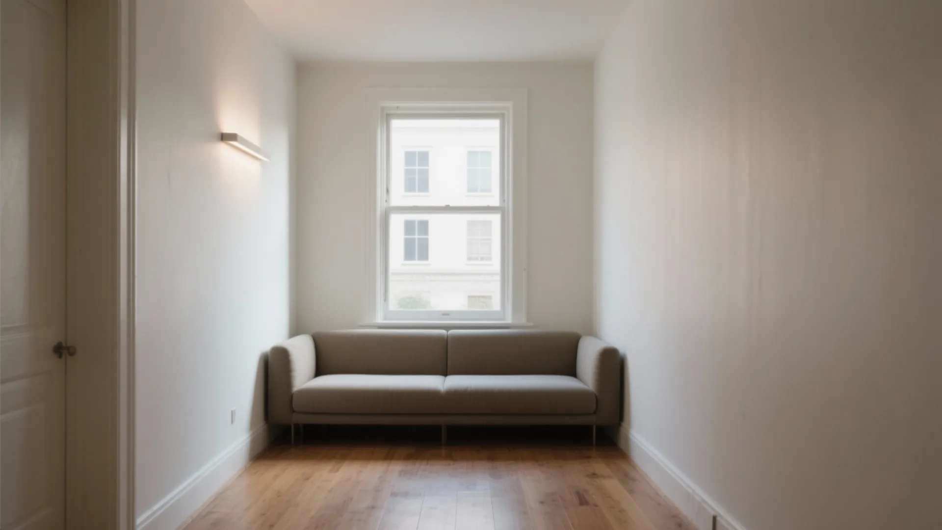 Low-back armless settee under a low window, preserving sightlines and openness in a narrow hall living room.