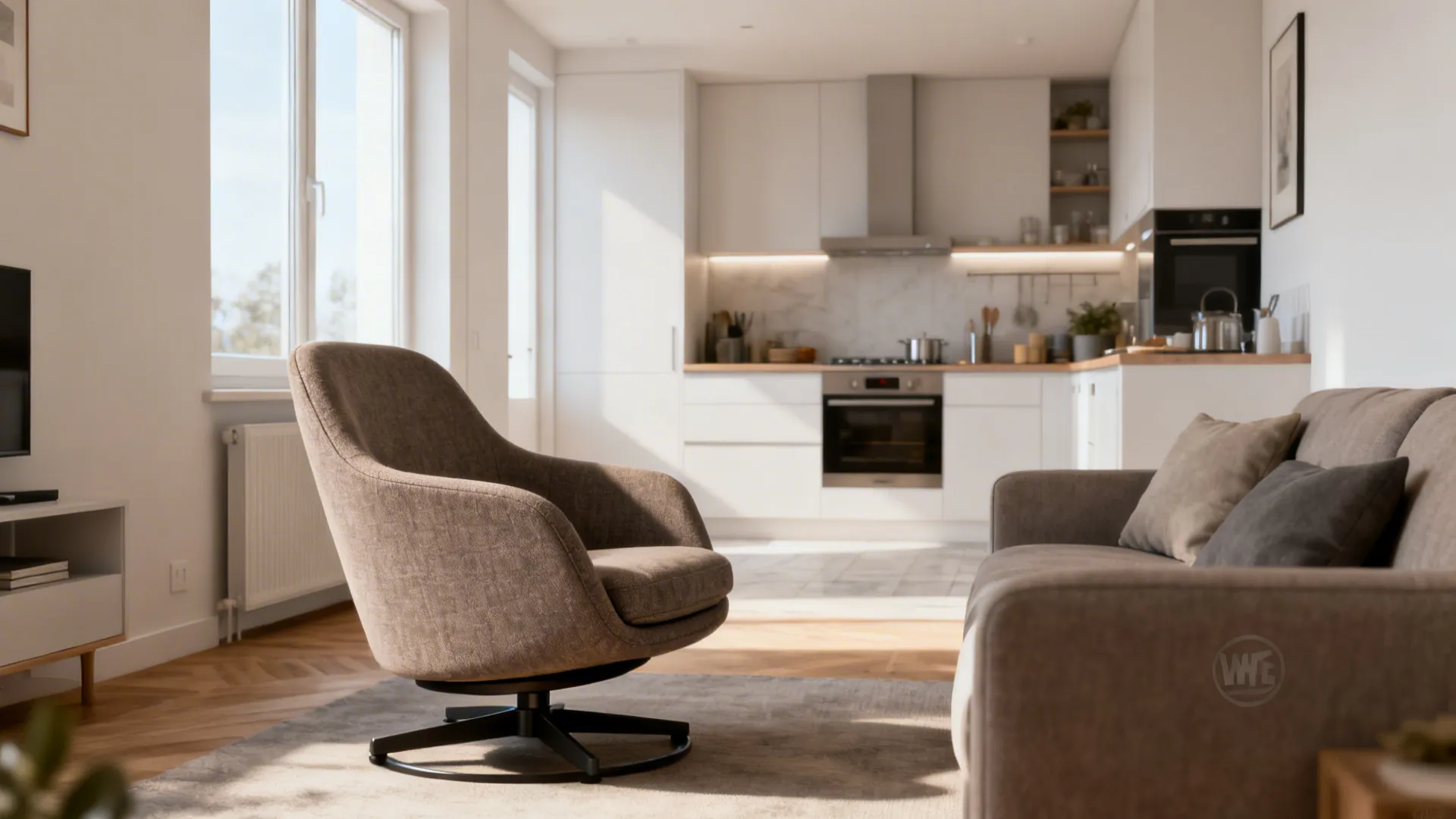 Open-plan studio with a low-back swivel club chair that keeps kitchen sightlines open.