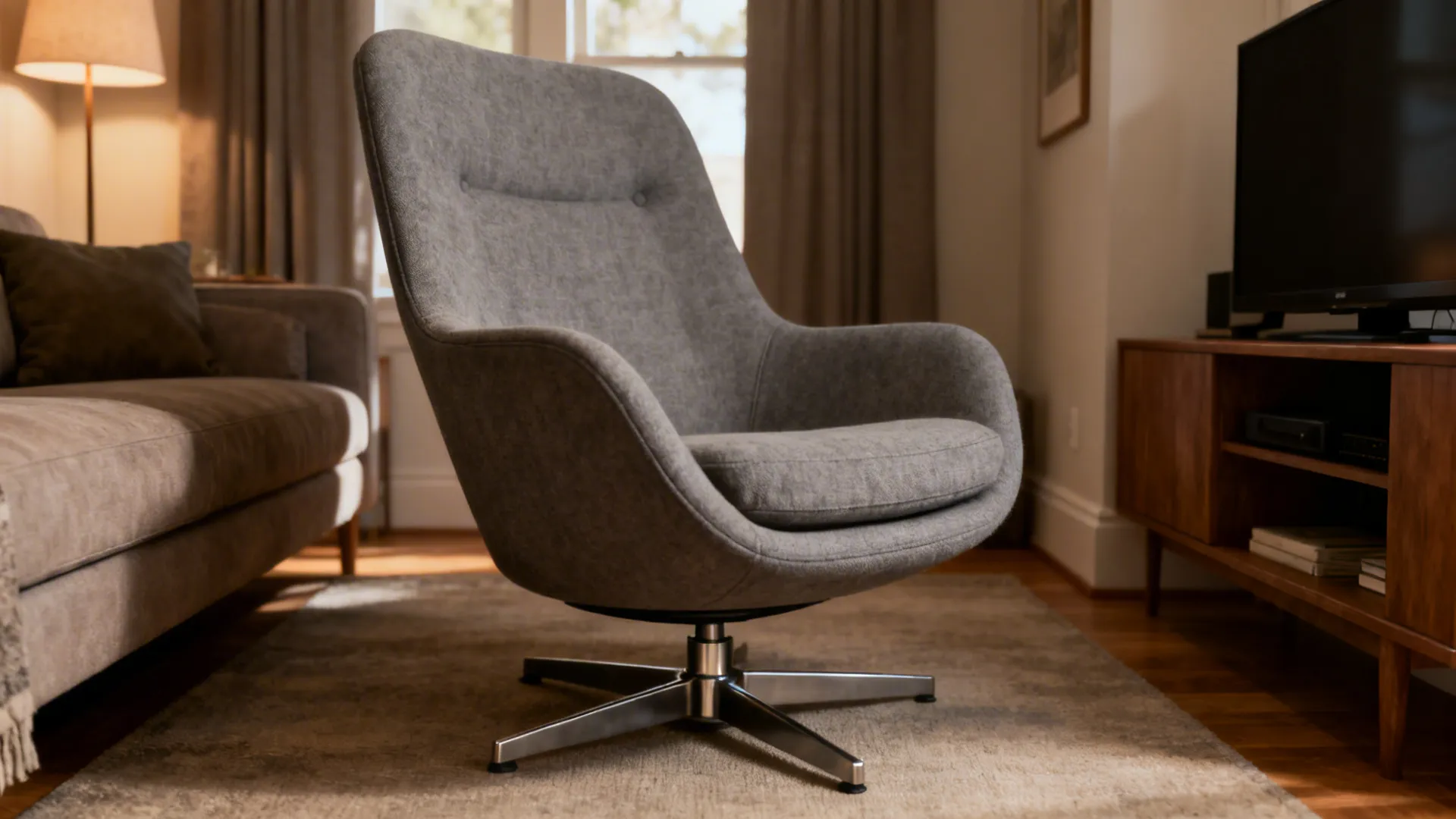 Low-back swivel lounge chair in a small living room showing rotation clearance and sightlines.