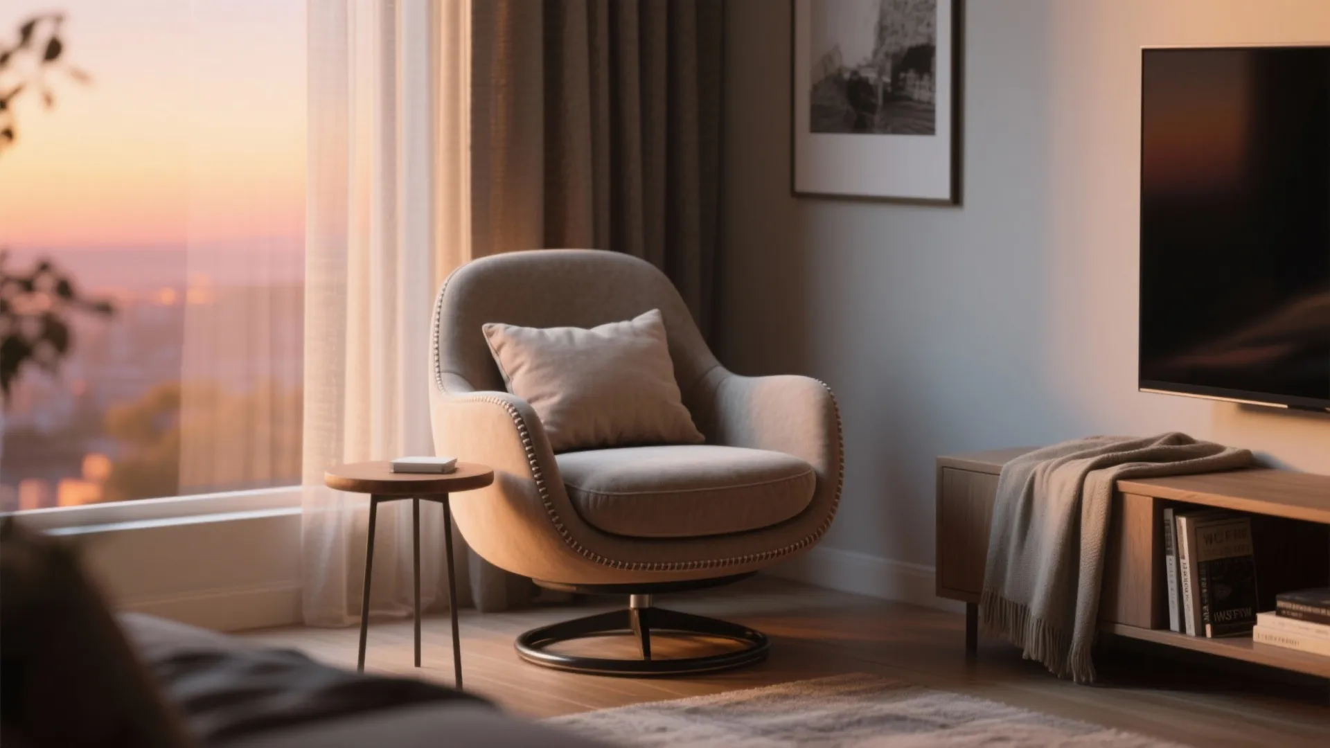 Low-back swivel barrel chair in a TV and reading corner with a lumbar pillow
